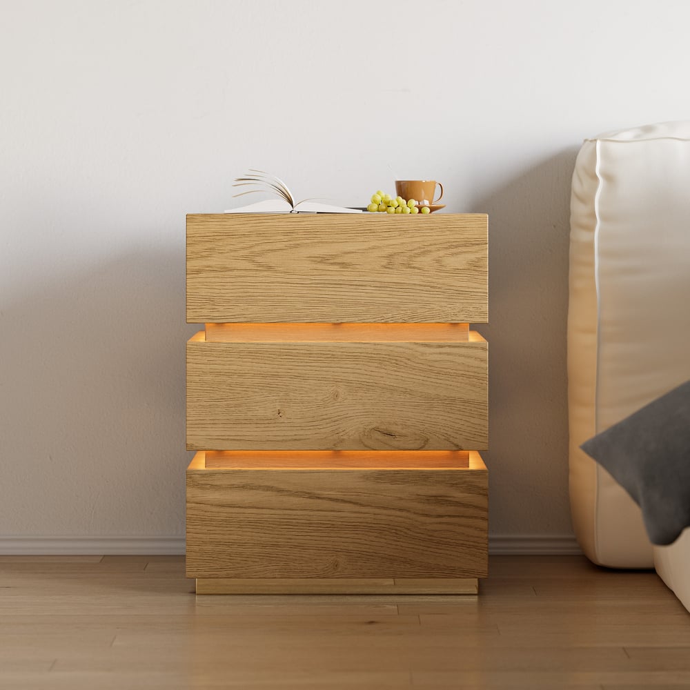 Lumio LED-Nachttisch mit 3 Schubladen und Ladestation in Natur, 2er-Set
