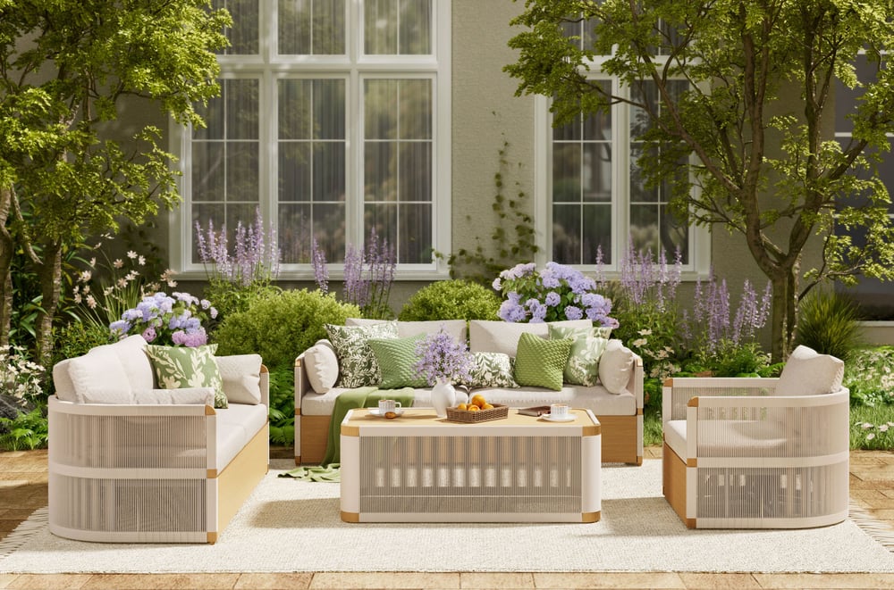 4 Pieces Modern Aluminum & Rope Outdoor Swivel Sofa Set with Coffee Table in Khaki for 6 window image