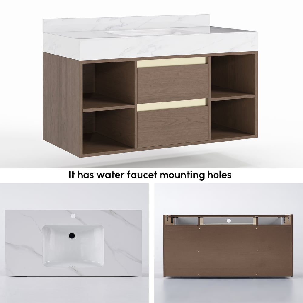 Bathroom Vanity Set 39.4"  Floating Sintered Stone Bathroom Vanity Walnut with Sink window image