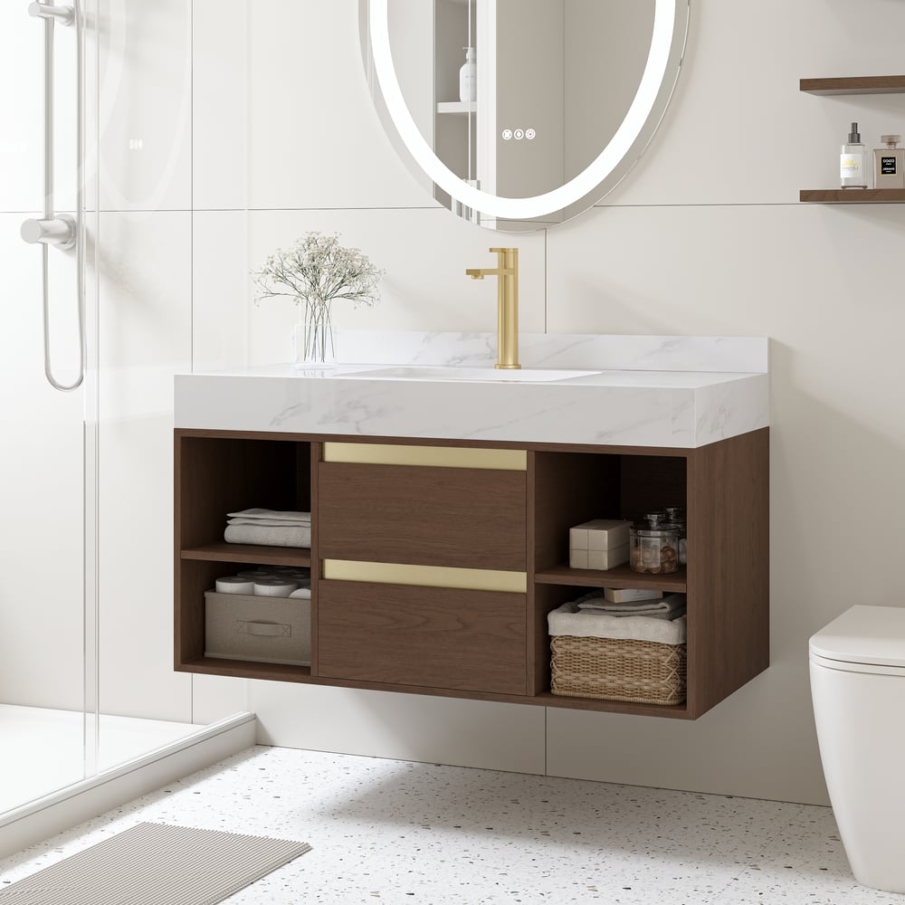 Bathroom Vanity Set 39.4"  Floating Sintered Stone Bathroom Vanity Walnut with Sink window image
