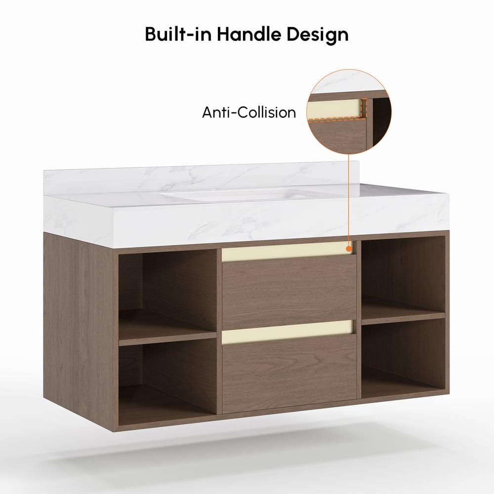 Bathroom Vanity Set 39.4"  Floating Sintered Stone Bathroom Vanity Walnut with Sink window image