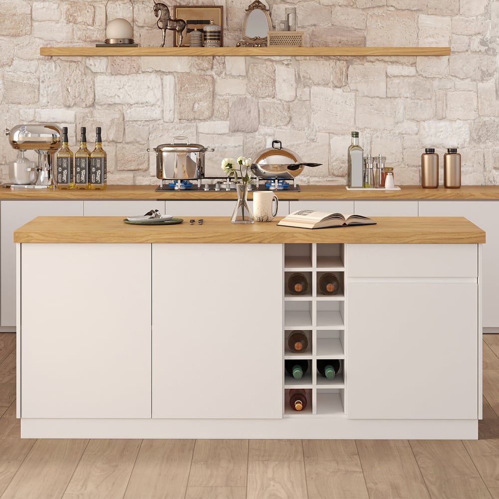 Isla de cocina de estilo Japandi de madera natural y blanco de 1830 mm con luz imagen de ventana