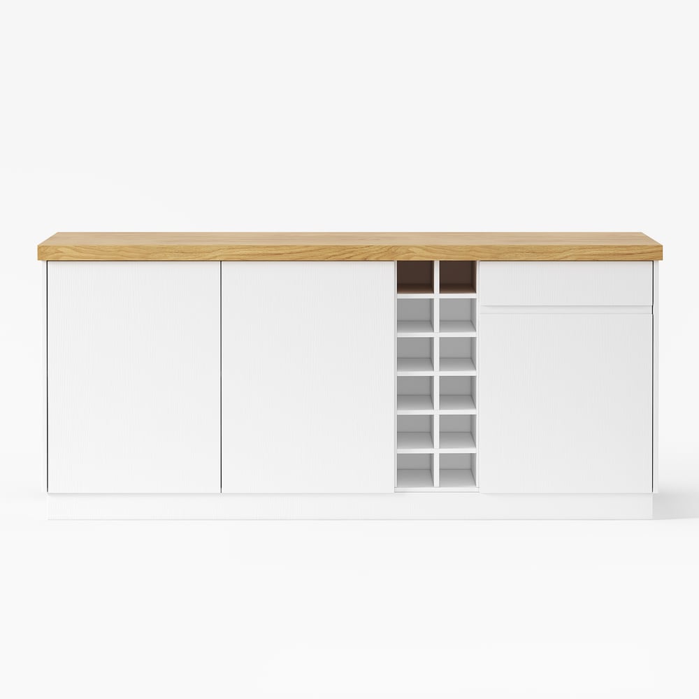 Isla de cocina de estilo Japandi de madera natural y blanco de 1830 mm con luz imagen de ventana