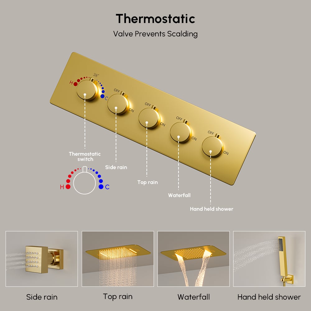 Wall-Mounted Shower System in Gold Thermostatic 4 Functions 23" window image