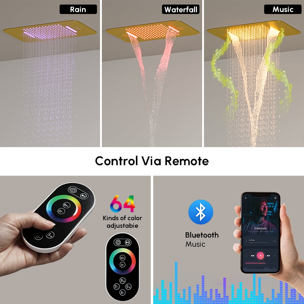 Nástěnná 580mm termostatická sprchová sada ve zlatě 4 funkce obrázek okna