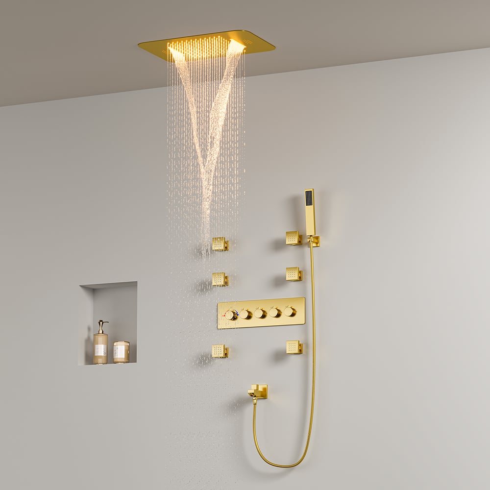 Nástěnná 580mm termostatická sprchová sada ve zlatě 4 funkce obrázek okna