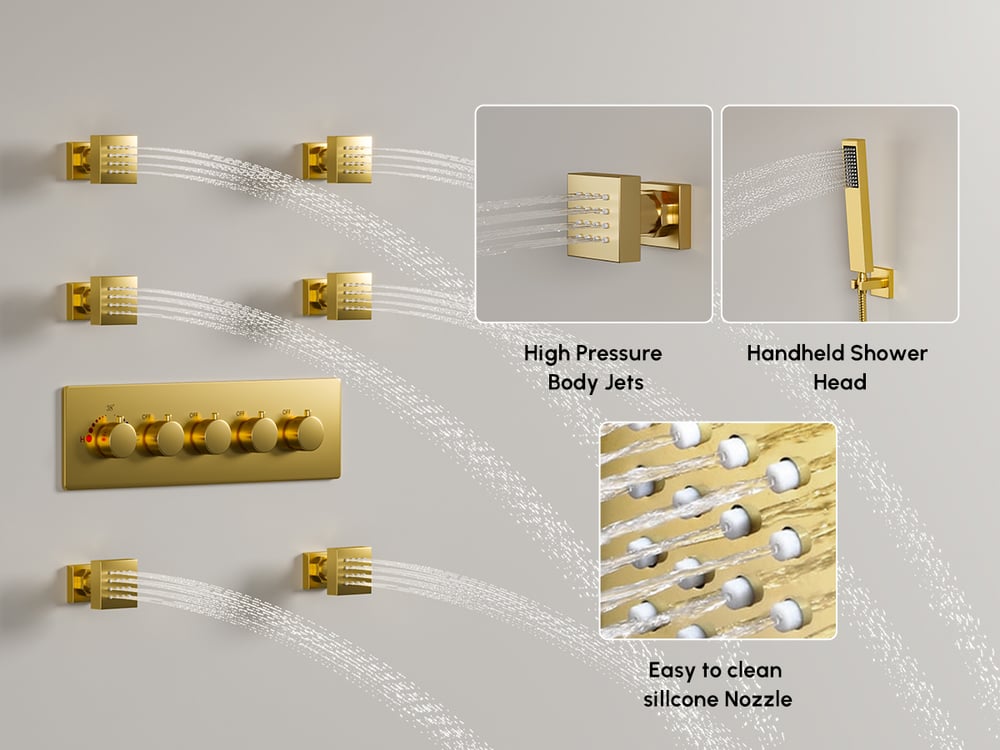 Nástěnná 580mm termostatická sprchová sada ve zlatě 4 funkce obrázek okna