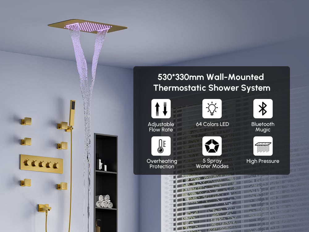 Nástěnná 580mm termostatická sprchová sada ve zlatě 4 funkce obrázek okna