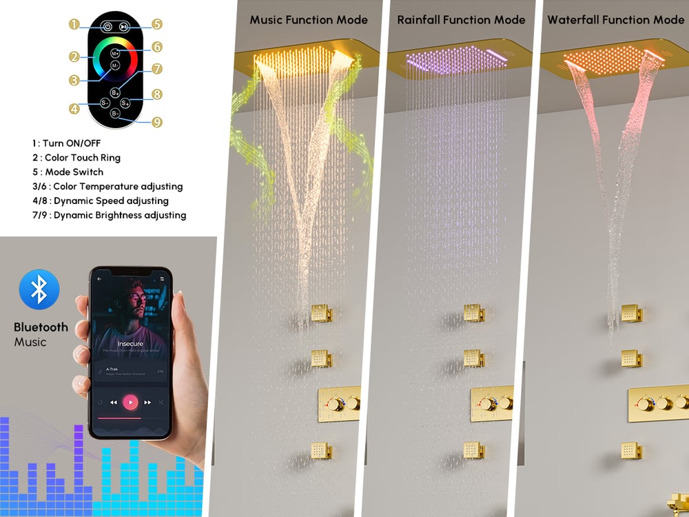Nástěnná 580mm termostatická sprchová sada ve zlatě 4 funkce obrázek okna