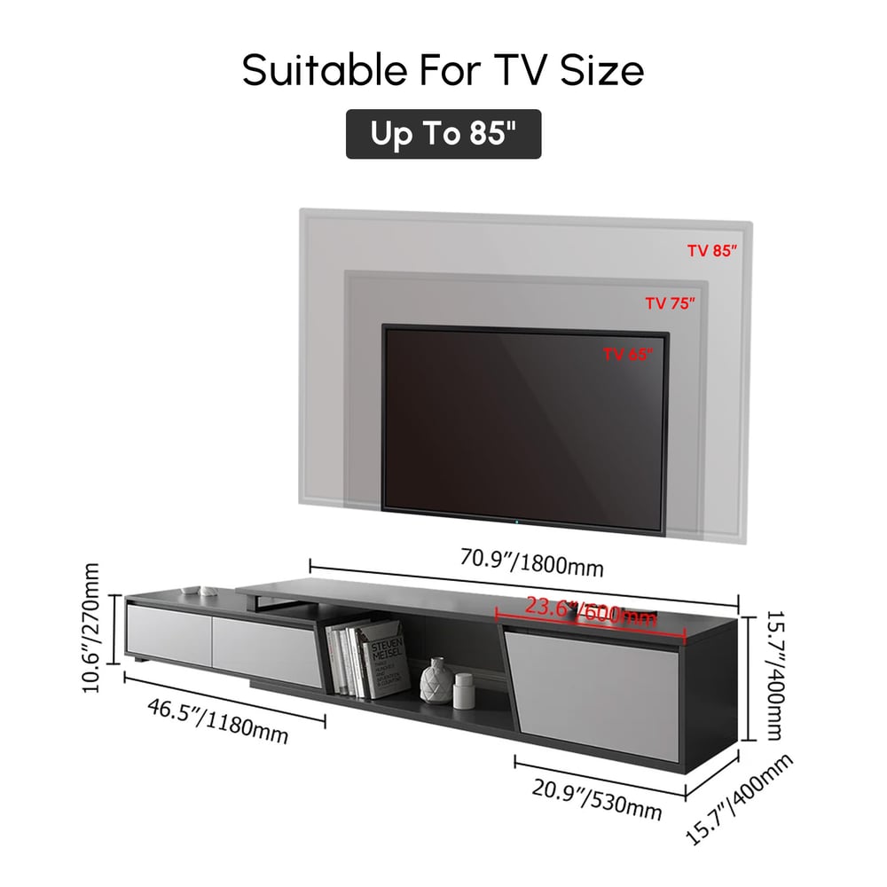 Meuble TV extensible Fero avec 3 tiroirs (1800 mm à 3048 mm) image de fenêtre