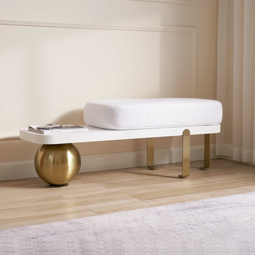 White & Gold Wooden Entryway Bench Fleece Upholstered with Abstract Metal Legs window image