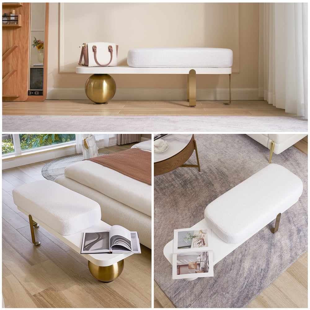 White & Gold Wooden Entryway Bench Fleece Upholstered with Abstract Metal Legs window image