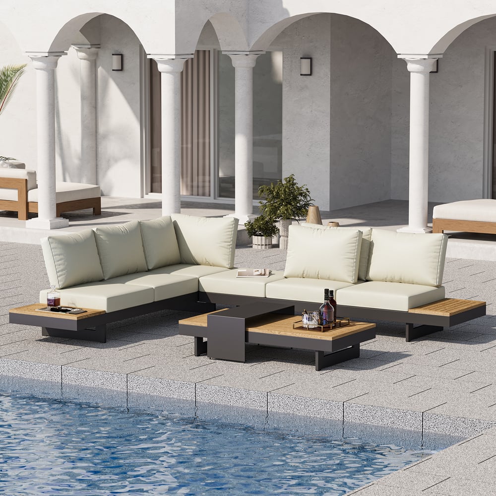 4-Pieces Modular Aluminum & Teak Outdoor Sofa Set for 6 Person in Beige