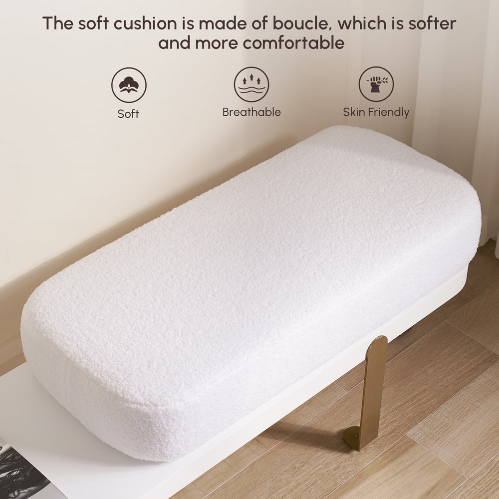 White & Gold Wooden Entryway Bench Fleece Upholstered with Abstract Metal Legs window image