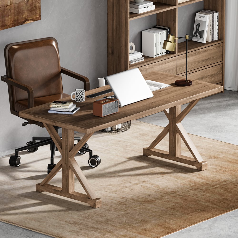 Vintage Style Rectangular Pine Wood Farmhouse Desk & Wood Adjustable Office Chair Set window image