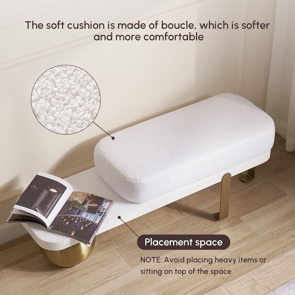 White and gold wooden bench with bouclé upholstery and abstract metal legs window image