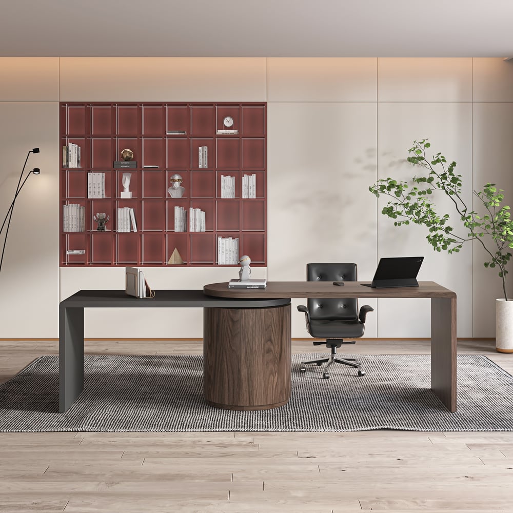 Modern Set L-Shaped Desk in Walnut & Reclining Leather Office Adjustable Swivel Chair