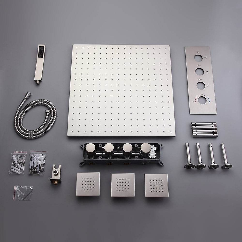 20" Modern Flush Mount Shower System with Hand Shower & Body Jets Solid Brass window image