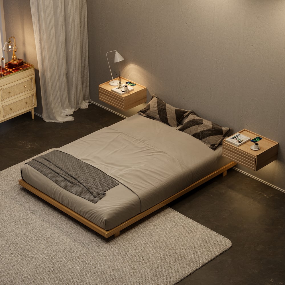 Floating Wooden Nightstand with Light & Charging Japanese Style Natural 180cm*200cm Bed window image