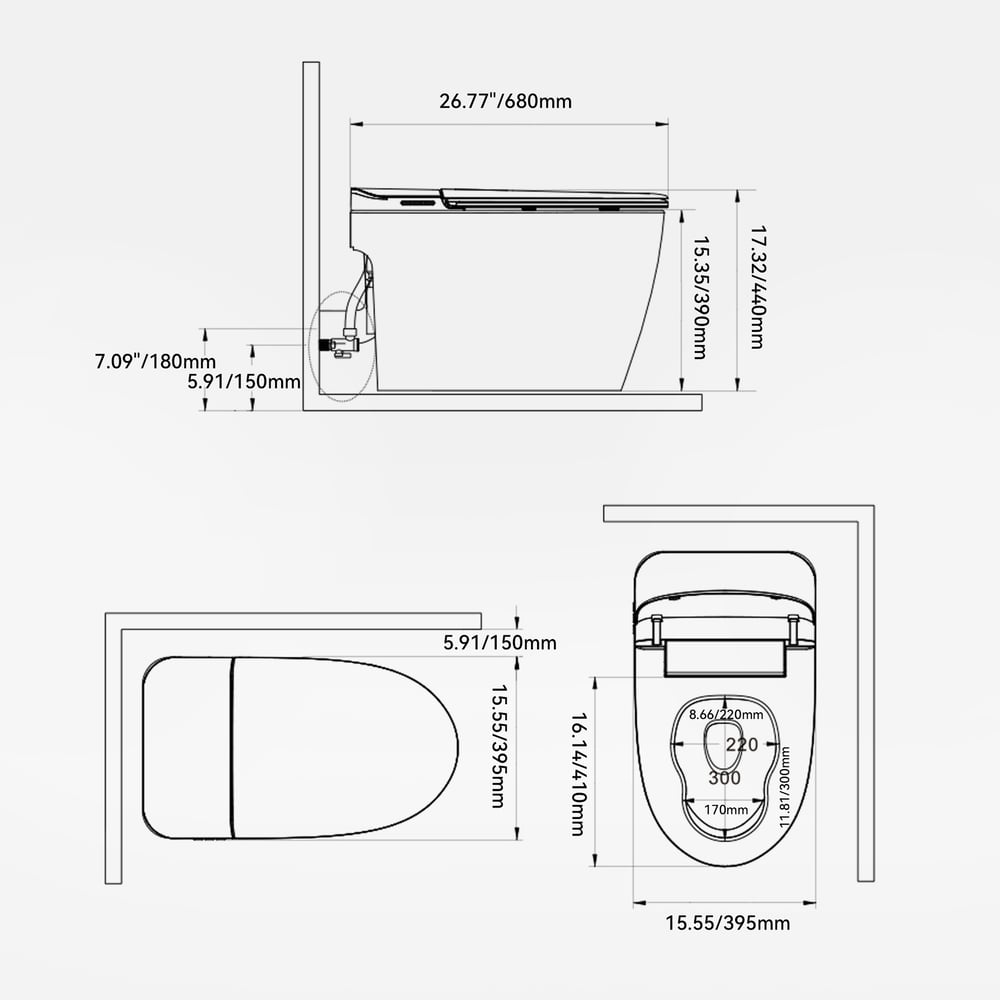 Hynova AX7 Automatic One-Piece Elongated Smart Bidet Toilet with Heated Seat | Dryer weights dimensions image