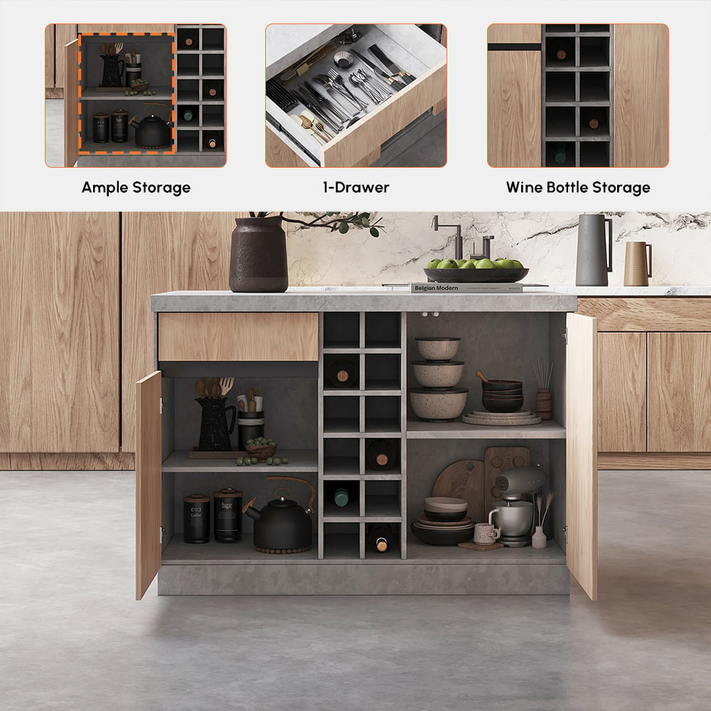 Armario de cocina con almacenamiento de madera gris Japandi Kitchen Island de 1270 mm con luz Imagen de ventana