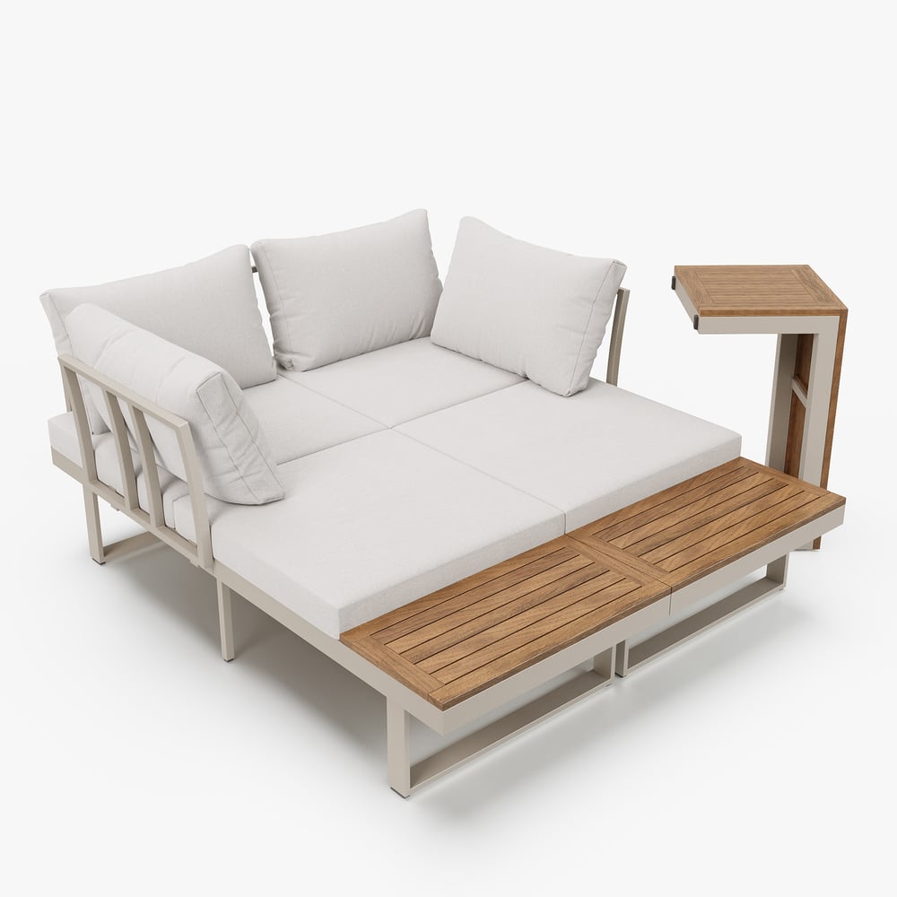 Set divano da esterno a 4 posti in legno di acacia con cuscino e tavolino Immagine della finestra