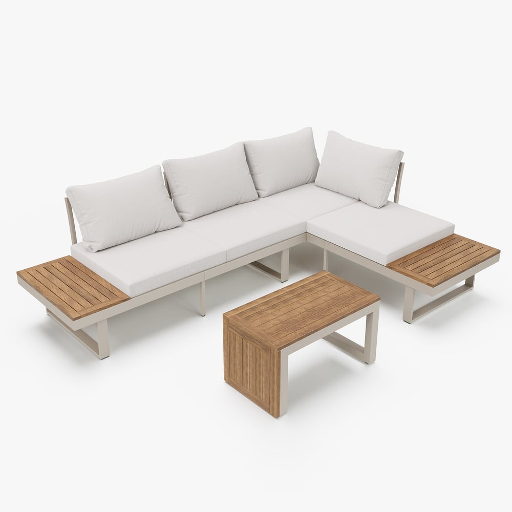 Set divano da esterno a 4 posti in legno di acacia con cuscino e tavolino Immagine della finestra