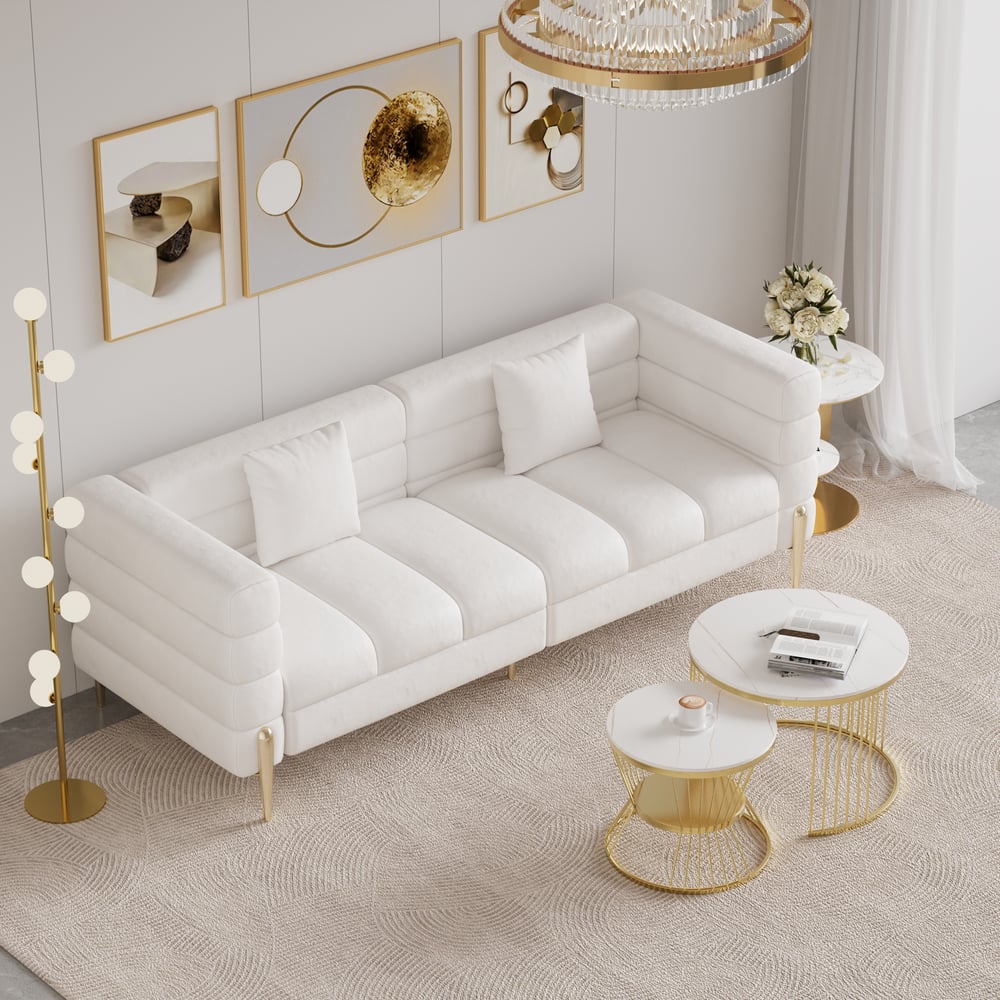 Aurora 79" Leather Fluted Sofa Set with Round 2-Piece Nesting Coffee Table window image