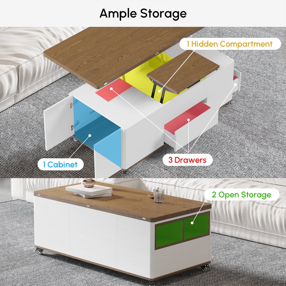 Nowoczesny stolik kawowy o regulowanej wysokości z pokrywką na zawiasach i 3 szufladami w kolorze białym i orzechowym obraz okna