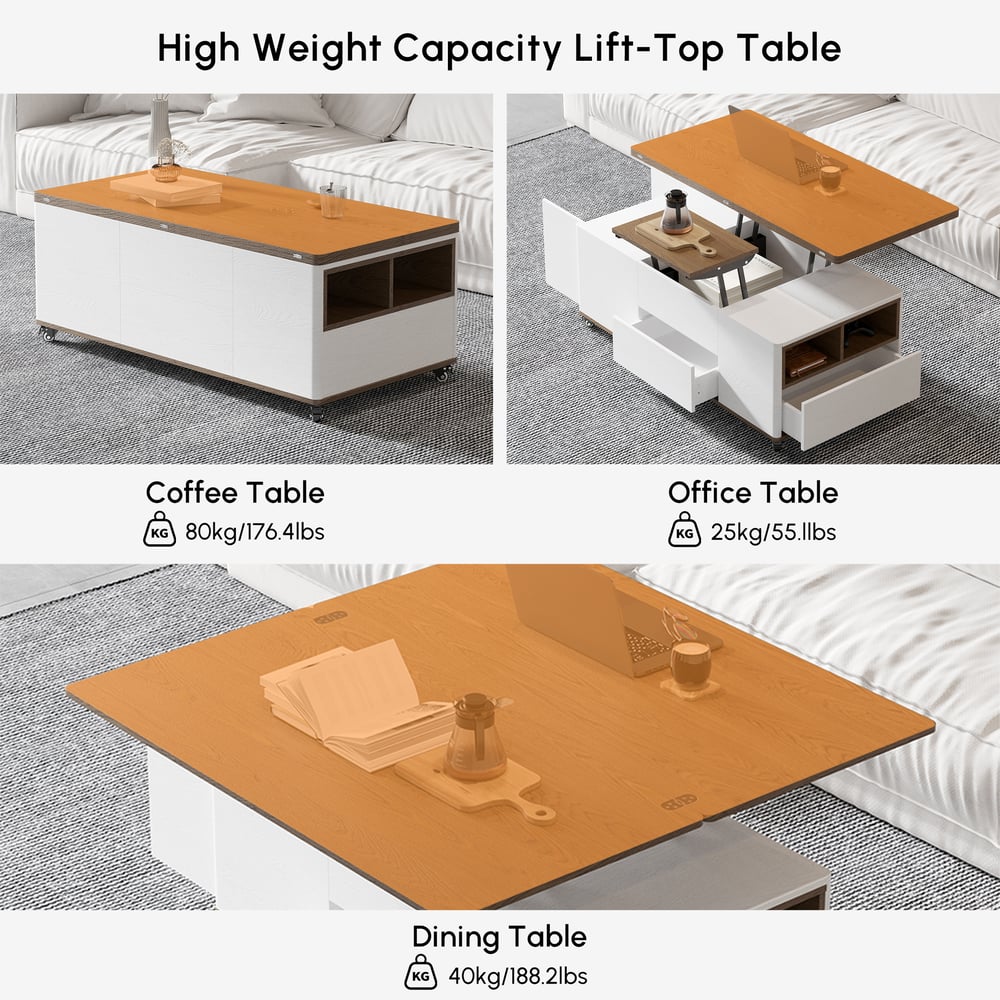 Nowoczesny stolik kawowy o regulowanej wysokości z pokrywką na zawiasach i 3 szufladami w kolorze białym i orzechowym obraz okna