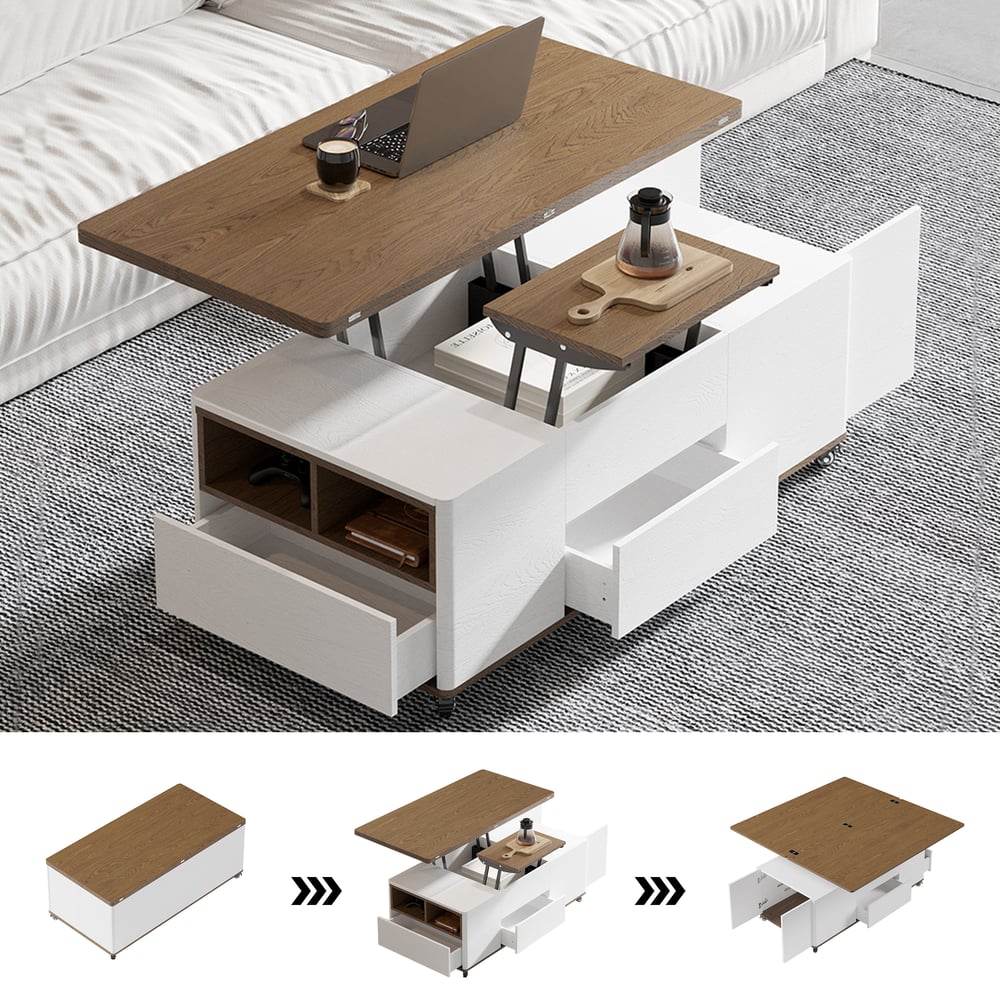 Nowoczesny stolik kawowy o regulowanej wysokości z pokrywką na zawiasach i 3 szufladami w kolorze białym i orzechowym obraz okna