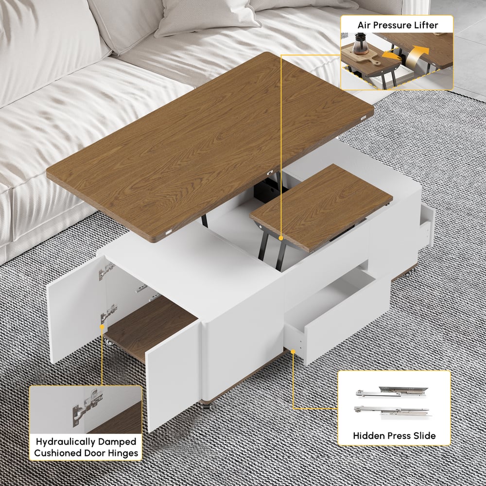 Nowoczesny stolik kawowy o regulowanej wysokości z pokrywką na zawiasach i 3 szufladami w kolorze białym i orzechowym obraz okna