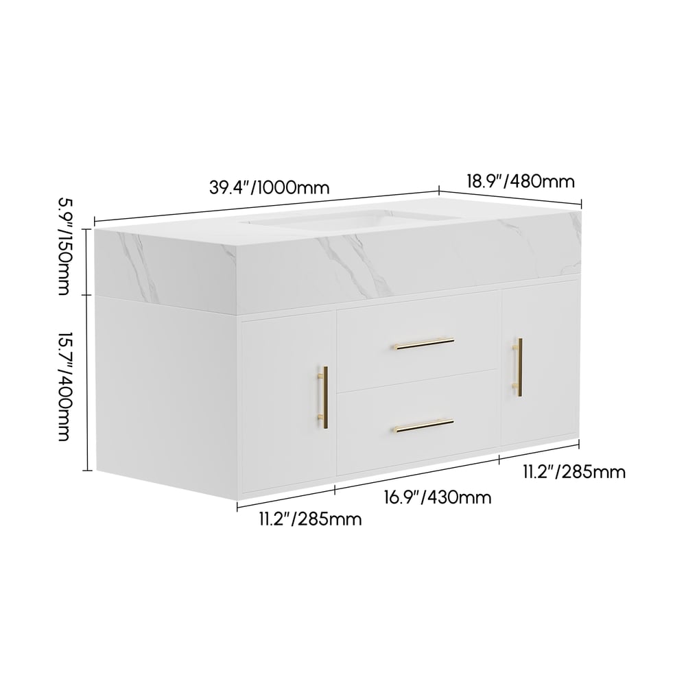 Bathroom Vanity Set 39.4" Modern Floating Sintered Stone Bathroom Vanity White with Sink weights dimensions image