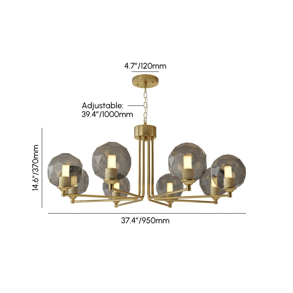 8-Light Sputnik Chandelier in Gold Globe Glass Shade Included weights dimensions image