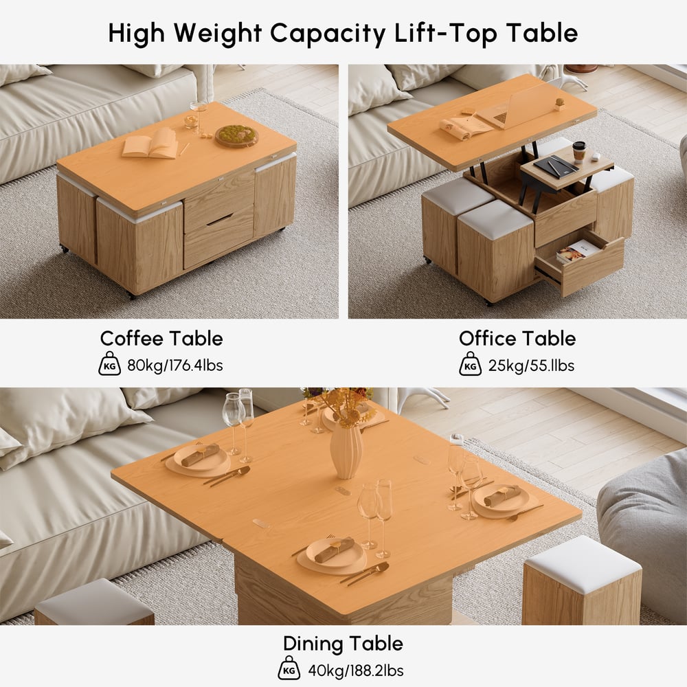 Table basse naturelle multifonctionnelle moderne avec plateau relevable, 4 tabourets et roulettes image de fenêtre