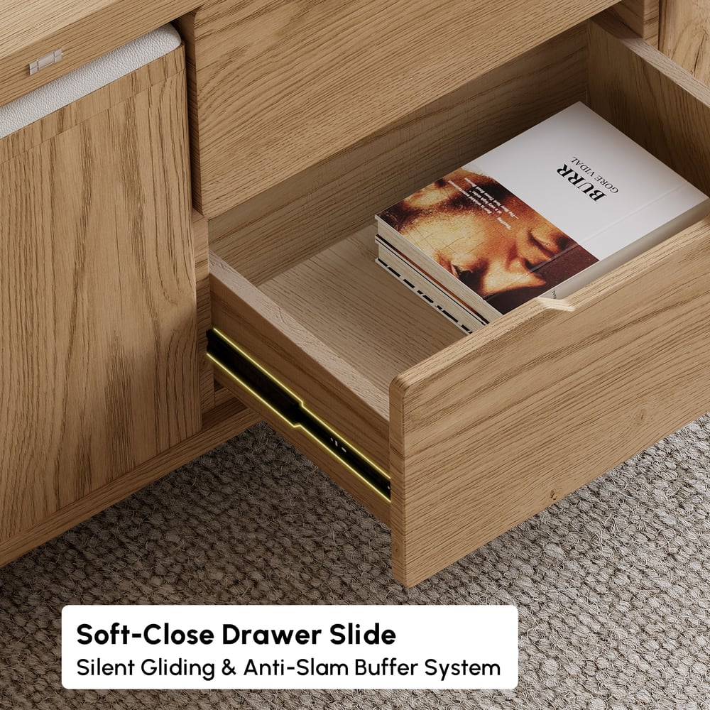 Table basse naturelle multifonctionnelle moderne avec plateau relevable, 4 tabourets et roulettes image de fenêtre