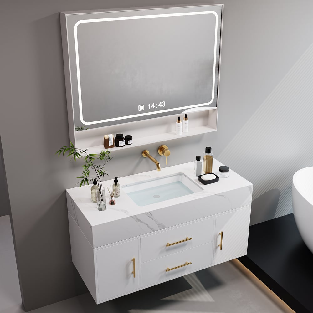 Bathroom Vanity Set 39.4" Modern Floating Sintered Stone Bathroom Vanity White with Sink window image