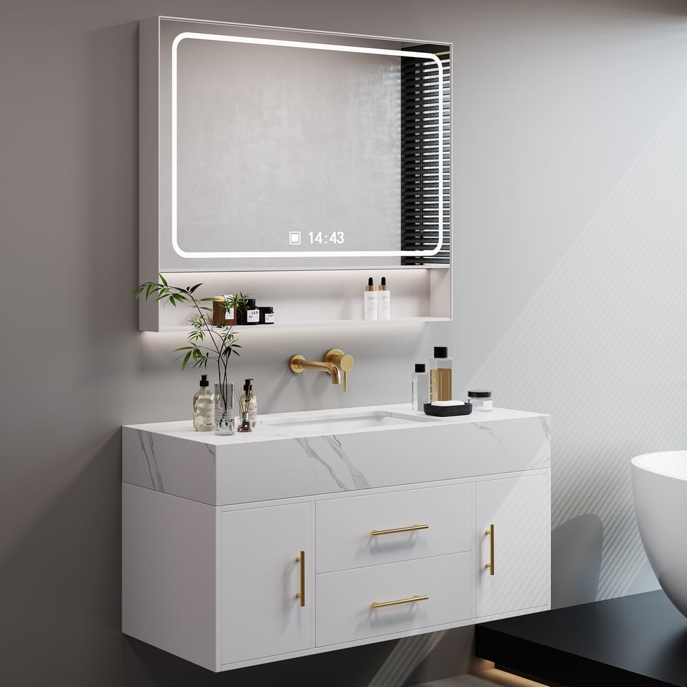 Bathroom Vanity Set 39.4" Modern Floating Sintered Stone Bathroom Vanity White with Sink window image