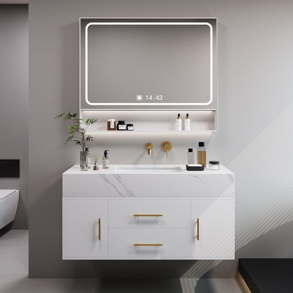 Bathroom Vanity Set 39.4" Modern Floating Sintered Stone Bathroom Vanity White with Sink window image