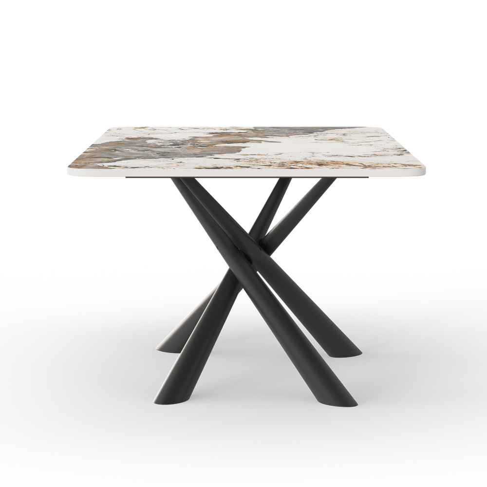 1600mm Modern Stone Top Rectangle Dining Table in Pandora & Gold with Trestle