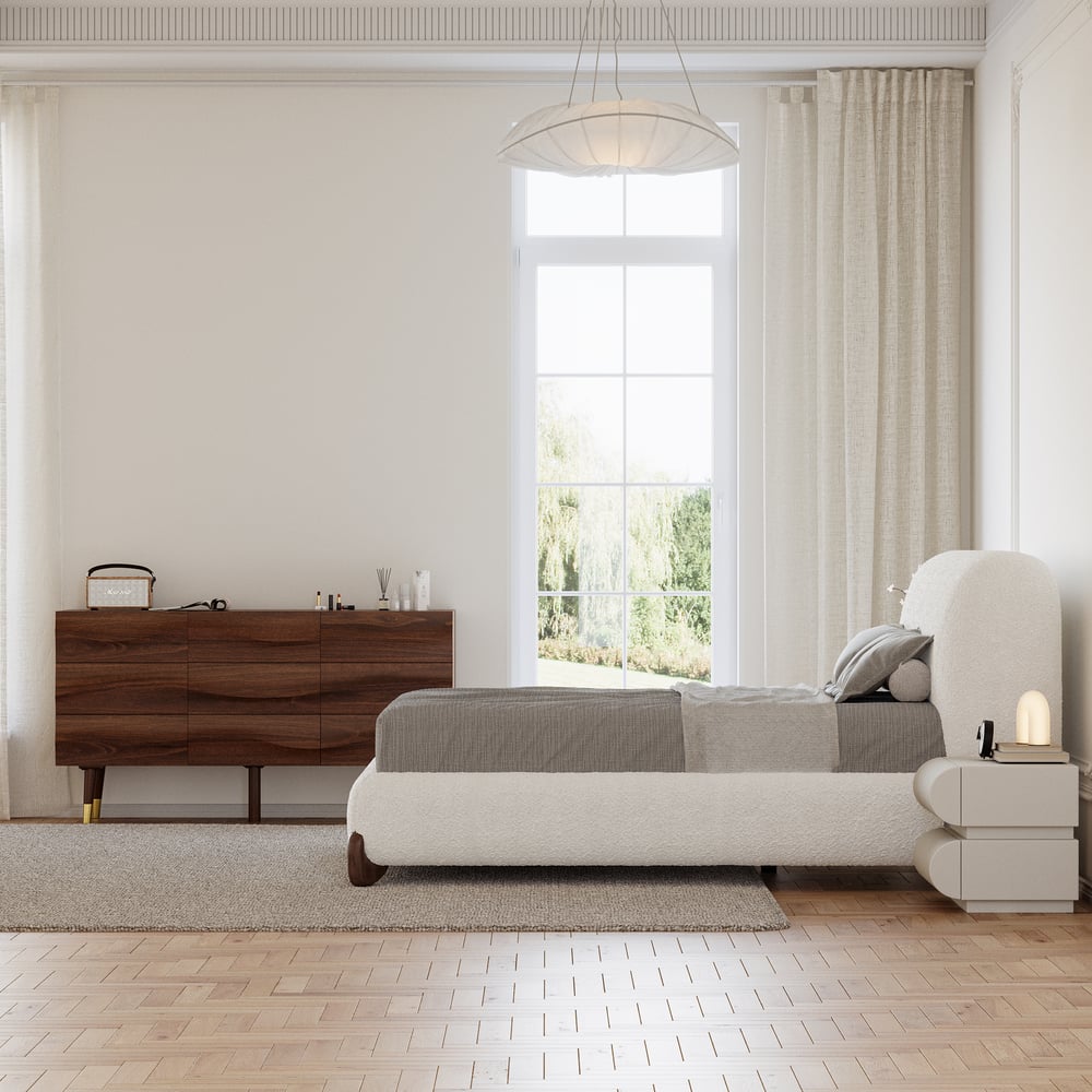 Curva Boucle King Upholstered Platform Bed with Walnut Legs window image