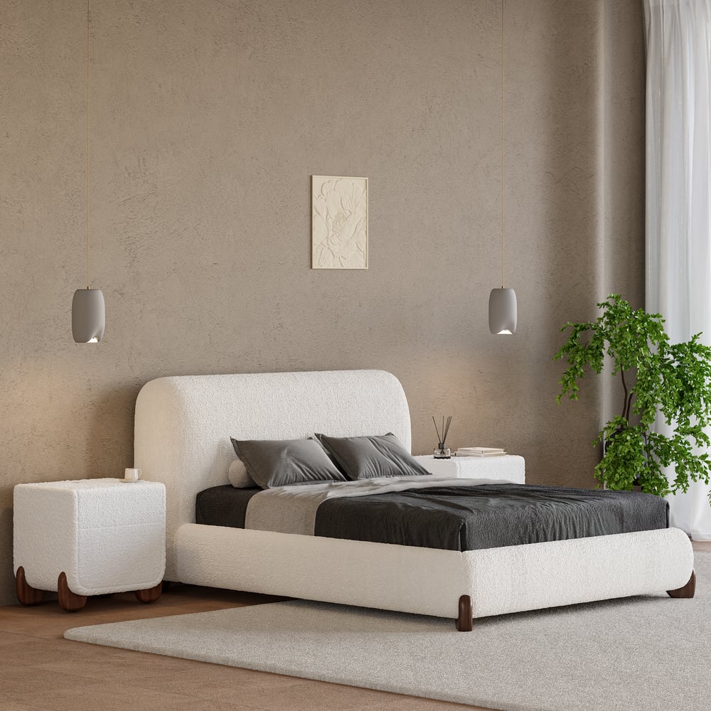 Curva Boucle King Upholstered Platform Bed with Walnut Legs window image