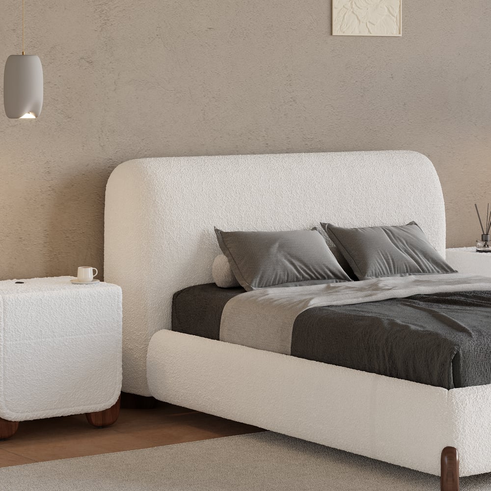 Curva Boucle King Upholstered Platform Bed with Walnut Legs window image