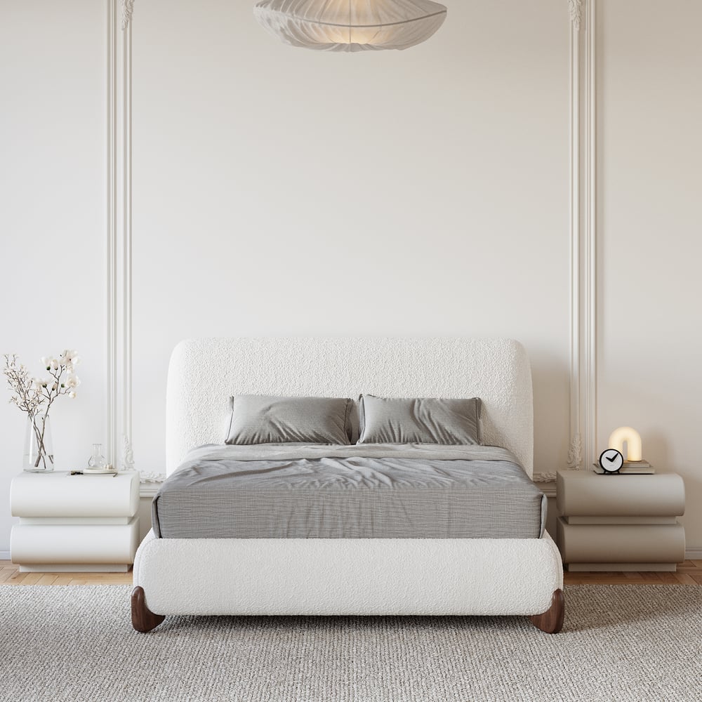 Curva Boucle King Upholstered Platform Bed with Walnut Legs window image