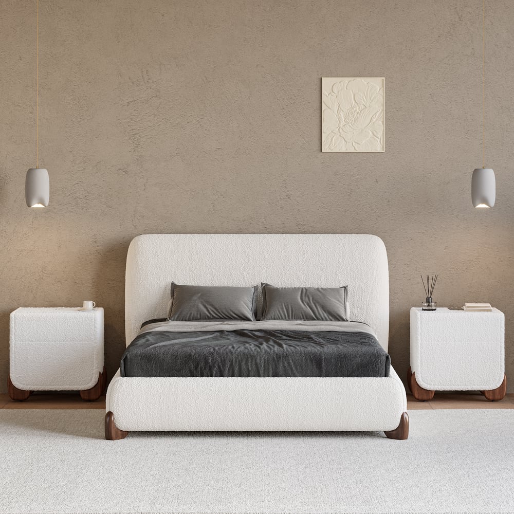 Curva Boucle King Upholstered Platform Bed with Walnut Legs window image