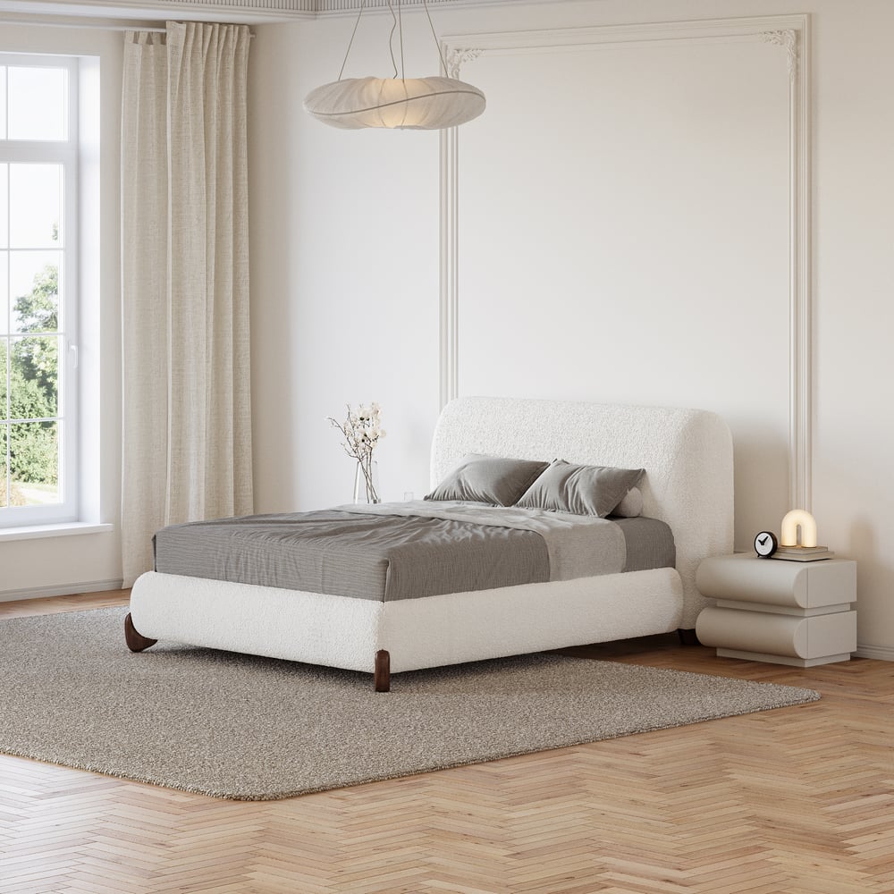 Curva Boucle King Upholstered Platform Bed with Walnut Legs window image