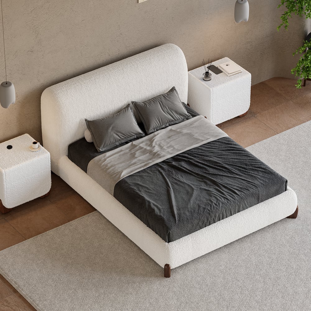 Curva Boucle King Upholstered Platform Bed with Walnut Legs window image