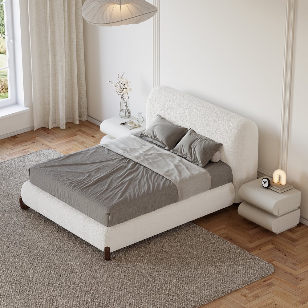 Curva Boucle King Upholstered Platform Bed with Walnut Legs window image