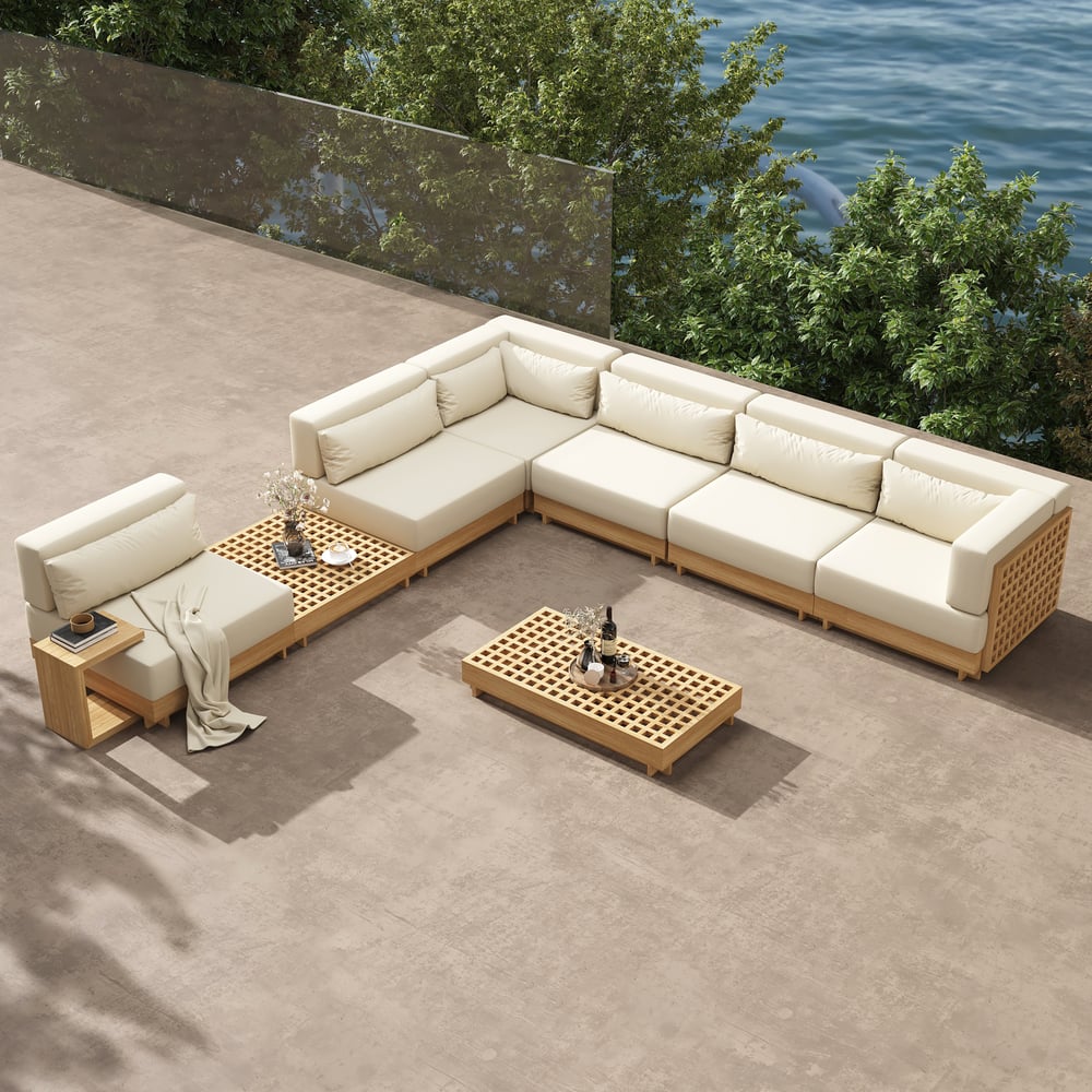 9-Pieces Premium Teak Modular L-Shaped Outdoor Sectional Sofa Set in Beige window image