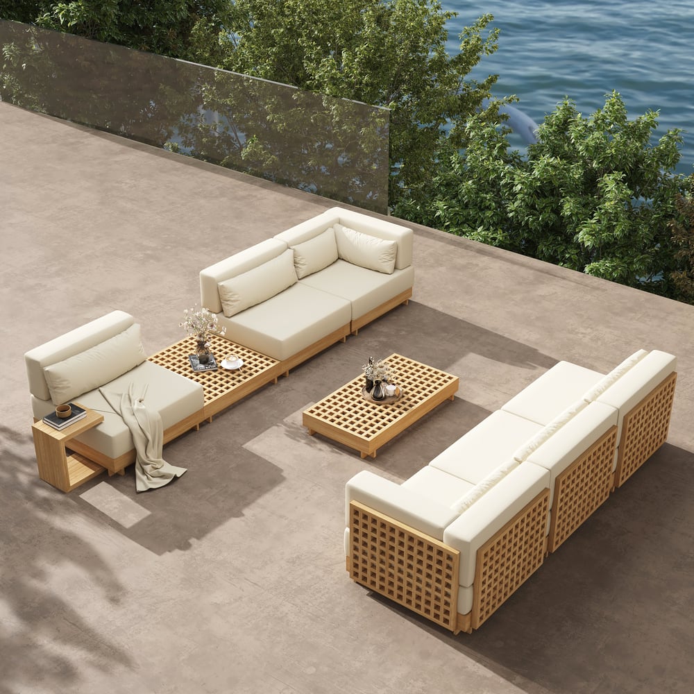 9-Pieces Premium Teak Modular L-Shaped Outdoor Sectional Sofa Set in Beige window image
